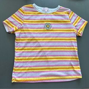 Stella Tweed Girls Medium M Striped Y2K Retro Ribbed Shirt Top Blouse Pink Daisy